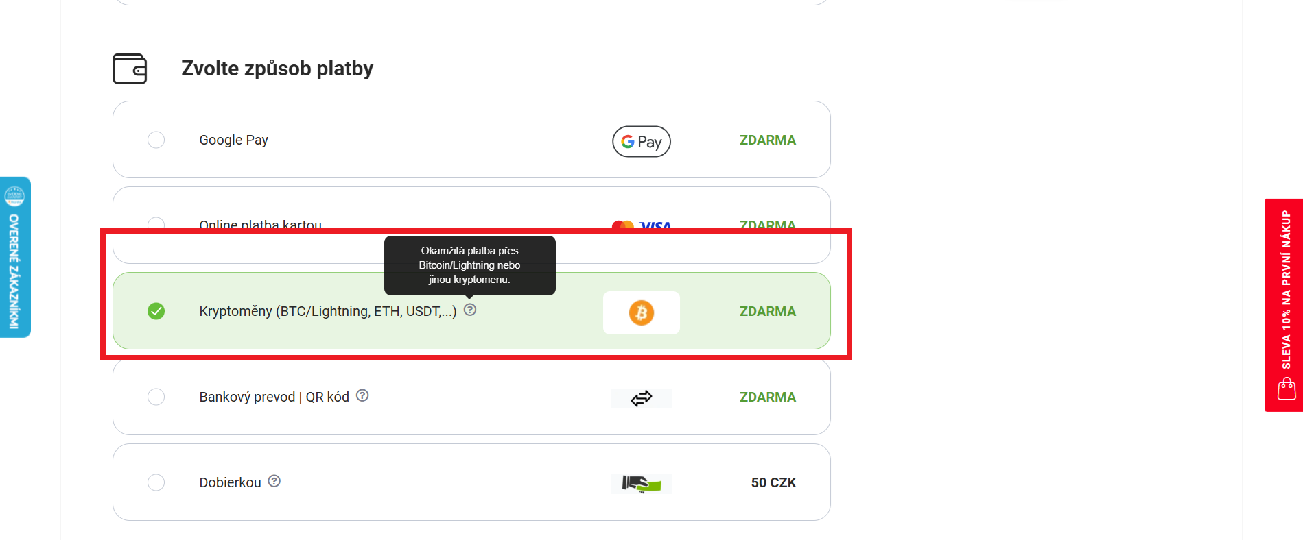 CZ EasyLight mitochondriak Platba BTC kryptomenami 3